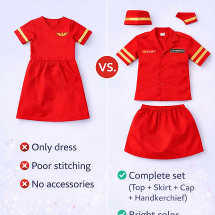 Fancydresswale Girls Air Hostess Fancy Dress Costume Set – Red Uniform with Cap | Kids Airline Crew Role Play Outfit for School & Parties fancydresswale.com