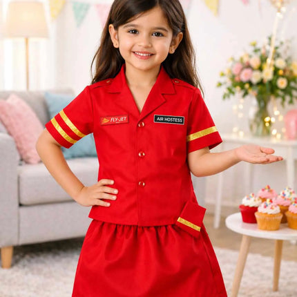 Fancydresswale Girls Air Hostess Fancy Dress Costume Set – Red Uniform with Cap | Kids Airline Crew Role Play Outfit for School & Parties fancydresswale.com