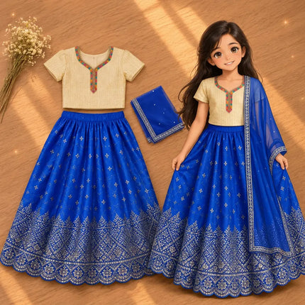 Illustrated girl and blue lehenga closer composition
