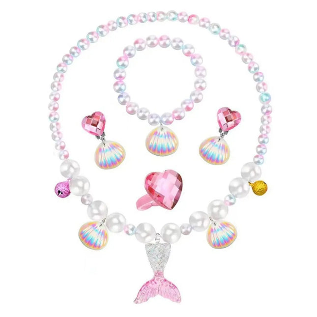 Fancydresswale Girls Mermaid necklace set of 5 pcs jewellery bracelet, ring, earrings cute girl princess dress accessories pink Fancydresswale