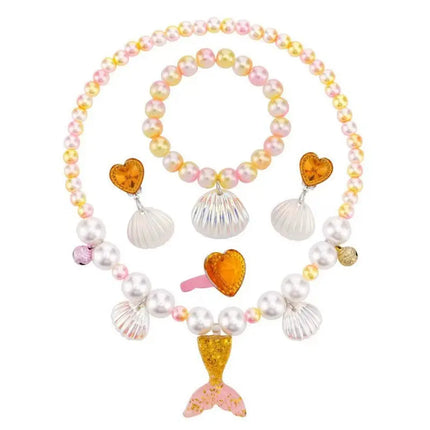 Fancydresswale Girls Mermaid necklace set of 5 pcs jewellery bracelet, ring, earrings cute girl princess dress accessories yellow Fancydresswale