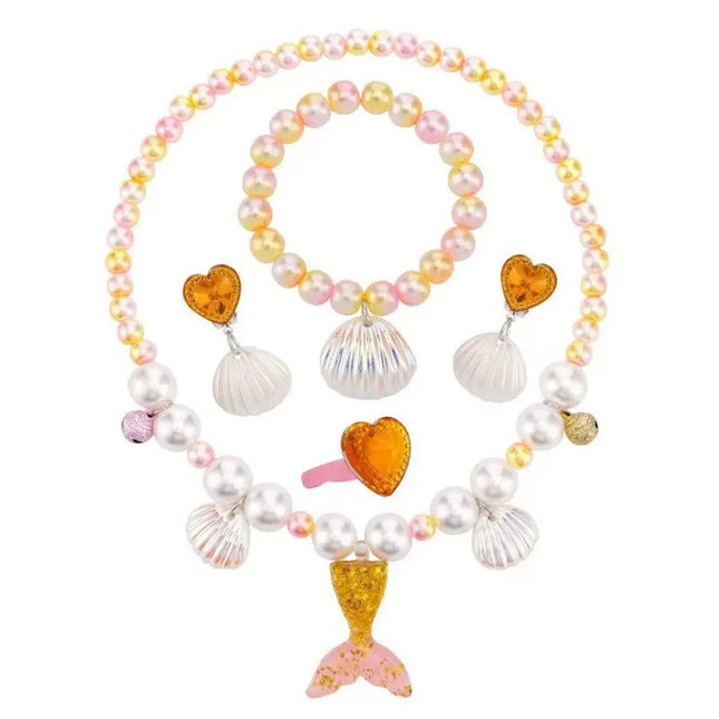 Fancydresswale Girls Mermaid necklace set of 5 pcs jewellery bracelet, ring, earrings cute girl princess dress accessories yellow Fancydresswale