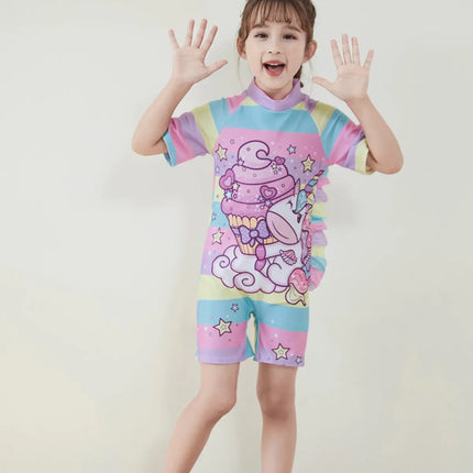 Fancydresswale Girls Swimsuits Half Sleeve Swimwear with Matching Cap -Unicorn Rainbow Fancydresswale