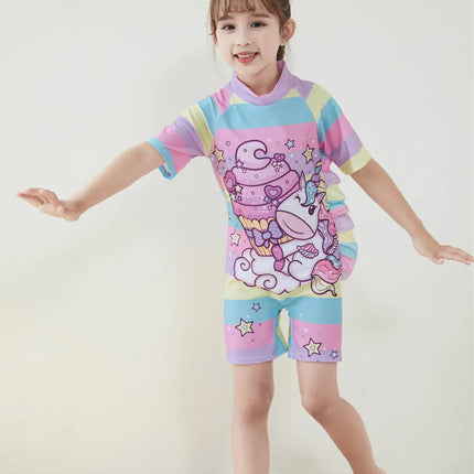 Fancydresswale Girls Swimsuits Half Sleeve Swimwear with Matching Cap -Unicorn Rainbow Fancydresswale