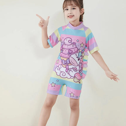 Fancydresswale Girls Swimsuits Half Sleeve Swimwear with Matching Cap -Unicorn Rainbow Fancydresswale