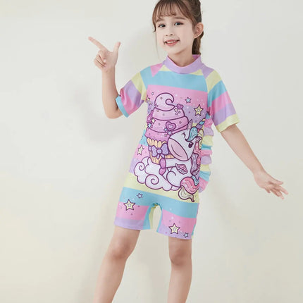 Fancydresswale Girls Swimsuits Half Sleeve Swimwear with Matching Cap -Unicorn Rainbow Fancydresswale