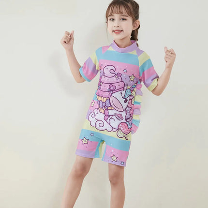 Fancydresswale Girls Swimsuits Half Sleeve Swimwear with Matching Cap -Unicorn Rainbow Fancydresswale