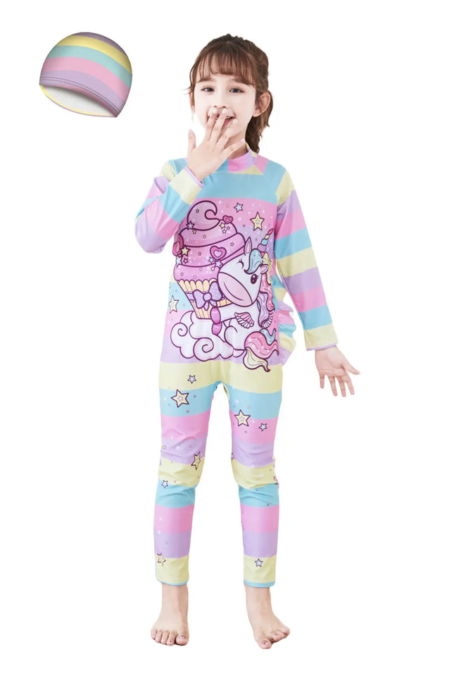 Fancydresswale Girls Swimsuits Long Sleeve Rash Guard Swimwear with Matching Cap One-Piece Bathing Suits-Unicorn fancydresswale.com