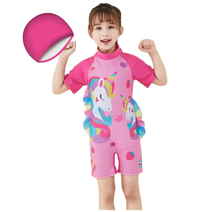 Fancydresswale Girls Swimsuits Short Sleeve Swimwear with Matching Cap -Unicorn Strawberry Fancydresswale