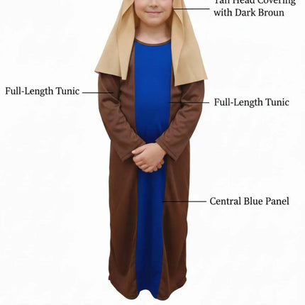 Fancydresswale Joseph Costume – Brown Robe with Blue Panel & Headpiece | Christmas Play & School Function Outfit Fancydresswale