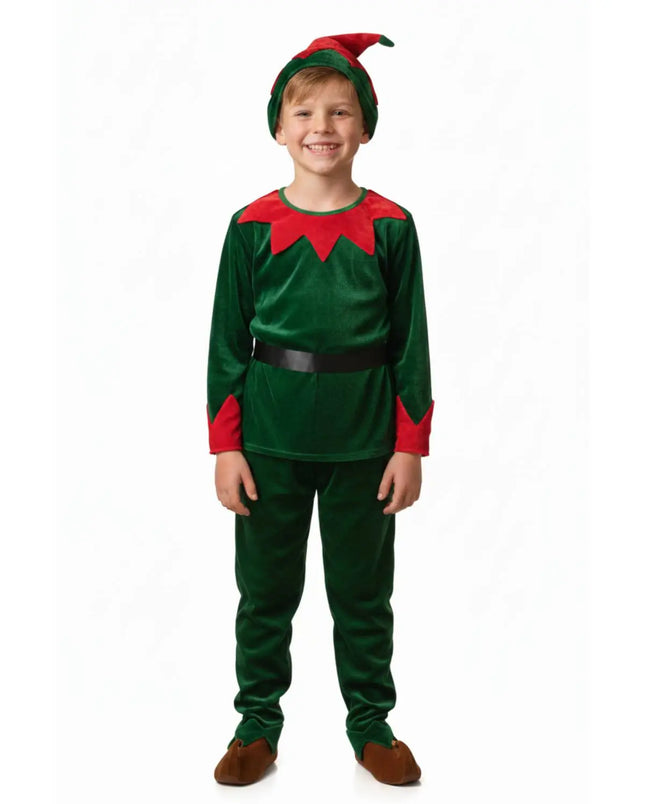 Fancydresswale Kids Christmas Elf Costume Set – Green Velvet Tunic, Matching Trousers, Belt & Elf Hat | Festive Dress for School Functions, Parties & Events Fancydresswale