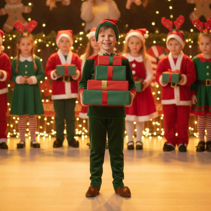 Fancydresswale Kids Christmas Elf Costume Set – Green Velvet Tunic, Matching Trousers, Belt & Elf Hat | Festive Dress for School Functions, Parties & Events Fancydresswale