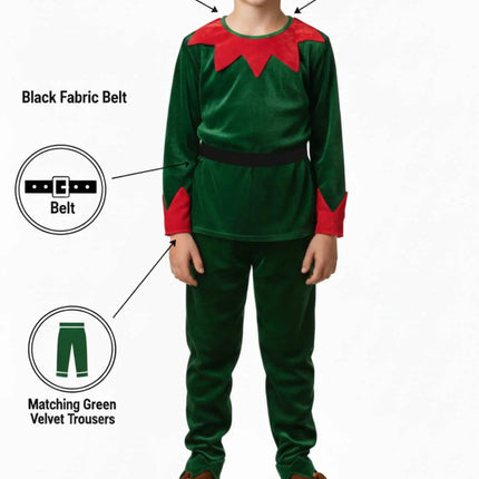 Fancydresswale Kids Christmas Elf Costume Set – Green Velvet Tunic, Matching Trousers, Belt & Elf Hat | Festive Dress for School Functions, Parties & Events Fancydresswale
