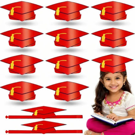 Fancydresswale Kids Paper Graduation Cap – Pack of 10 | Printed Tassel Convocation Hats for School Functions & Photoshoot (Red / Blue / Black) fancydresswale.com