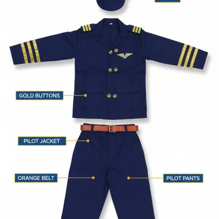 Fancydresswale Kids Pilot Fancy Dress Costume for Boys | Airline Captain Blue Jacket Suit with Cap, Belt & Pants | Ages 2–8 Years fancydresswale.com