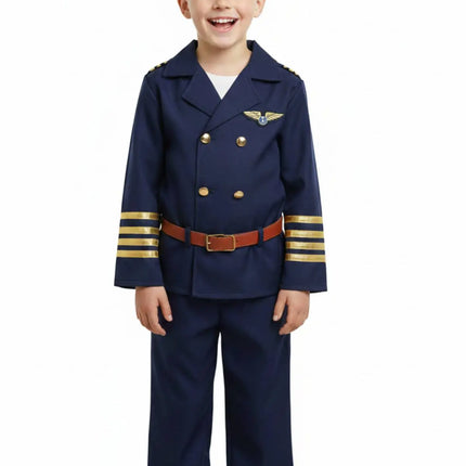 Fancydresswale Kids Pilot Fancy Dress Costume for Boys | Airline Captain Blue Jacket Suit with Cap, Belt & Pants | Ages 2–8 Years fancydresswale.com