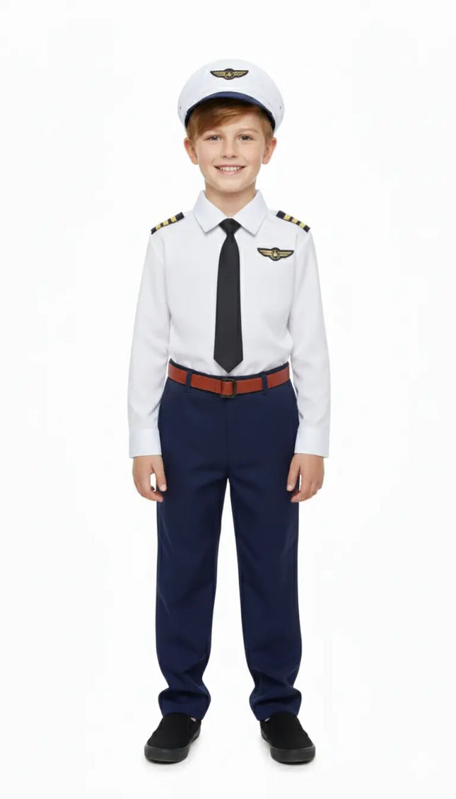 Fancydresswale Kids Pilot Fancy Dress Costume for Boys | Airline Captain Uniform with Cap, Shirt, Tie & Pants | Ages 2–8 Years fancydresswale.com