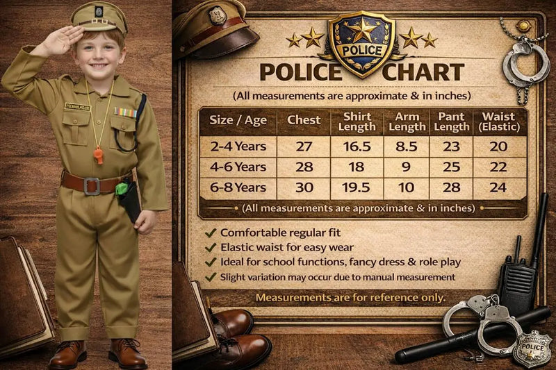 Fancydresswale Kids Police Officer Costume for Boys | Khaki Uniform with Cap, Belt & Accessories | School Functions & Role Play (Ages 2–8) Fancydresswale