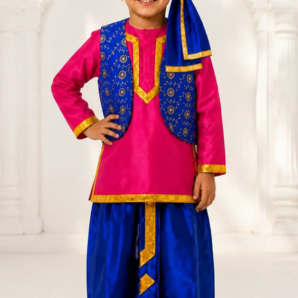 Fancydresswale Kids Punjabi Bhangra Costume – Pink Kurta with Blue Dhoti, Embroidered Vest, Stole & Pagri fancydresswale.com