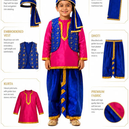 Fancydresswale Kids Punjabi Bhangra Costume – Pink Kurta with Blue Dhoti, Embroidered Vest, Stole & Pagri fancydresswale.com