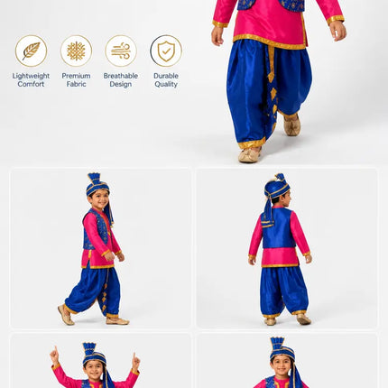 Fancydresswale Kids Punjabi Bhangra Costume – Pink Kurta with Blue Dhoti, Embroidered Vest, Stole & Pagri fancydresswale.com