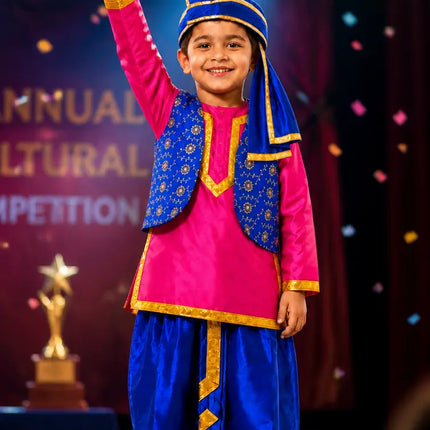 Fancydresswale Kids Punjabi Bhangra Costume – Pink Kurta with Blue Dhoti, Embroidered Vest, Stole & Pagri fancydresswale.com