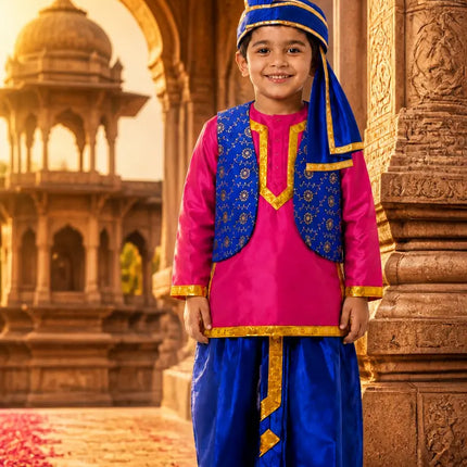 Fancydresswale Kids Punjabi Bhangra Costume – Pink Kurta with Blue Dhoti, Embroidered Vest, Stole & Pagri fancydresswale.com