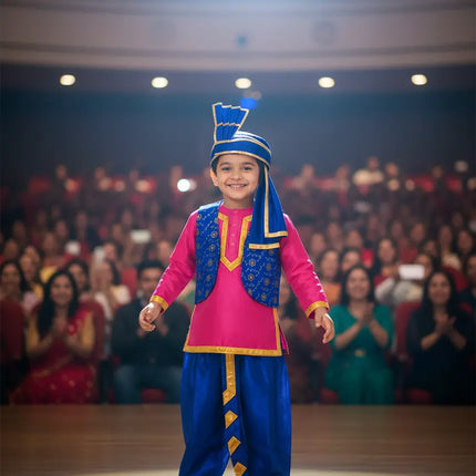 Fancydresswale Kids Punjabi Bhangra Costume – Pink Kurta with Blue Dhoti, Embroidered Vest, Stole & Pagri fancydresswale.com