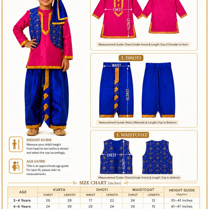 Fancydresswale Kids Punjabi Bhangra Costume – Pink Kurta with Blue Dhoti, Embroidered Vest, Stole & Pagri fancydresswale.com