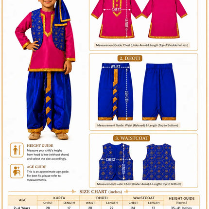 Fancydresswale Kids Punjabi Bhangra Costume – Pink Kurta with Blue Dhoti, Embroidered Vest, Stole & Pagri fancydresswale.com