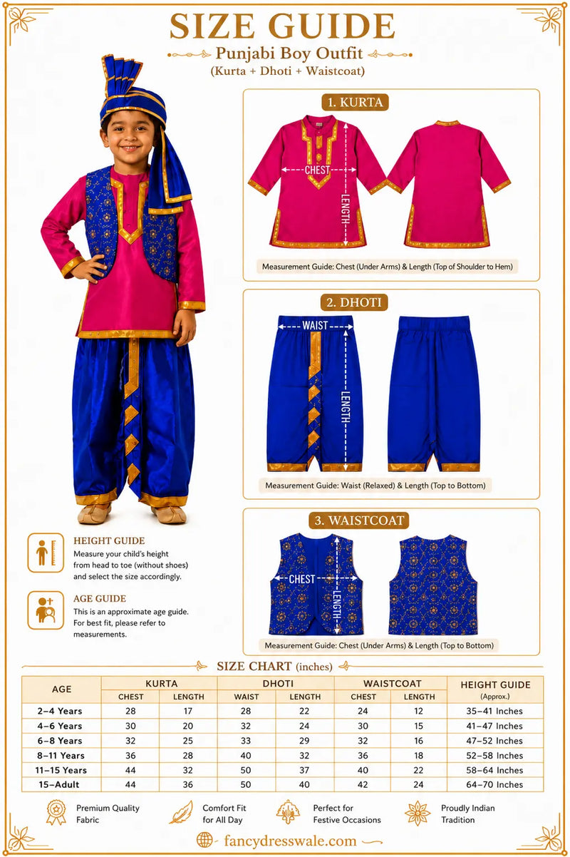 Fancydresswale Kids Punjabi Bhangra Costume – Pink Kurta with Blue Dhoti, Embroidered Vest, Stole & Pagri fancydresswale.com