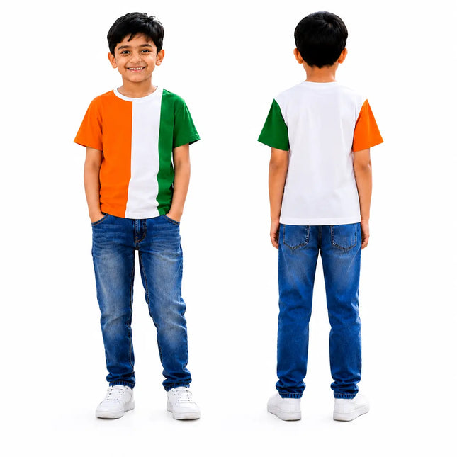 Fancydresswale Kids Tricolour T-Shirt – Orange, White & Green Colour Block | School Events & Celebrations fancydresswale.com