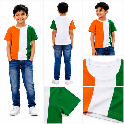 Fancydresswale Kids Tricolour T-Shirt – Orange, White & Green Colour Block | School Events & Celebrations fancydresswale.com