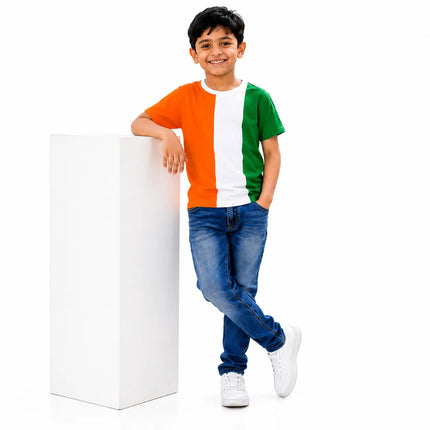 Fancydresswale Kids Tricolour T-Shirt – Orange, White & Green Colour Block | School Events & Celebrations fancydresswale.com