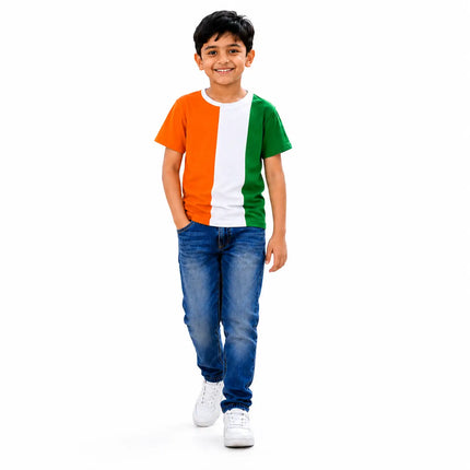 Fancydresswale Kids Tricolour T-Shirt – Orange, White & Green Colour Block | School Events & Celebrations fancydresswale.com