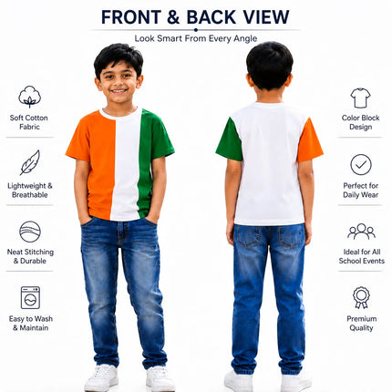Fancydresswale Kids Tricolour T-Shirt – Orange, White & Green Colour Block | School Events & Celebrations fancydresswale.com