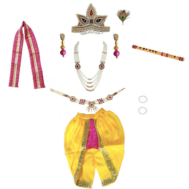 Fancydresswale Krishna Baby Dress Set with Patka, Bajuband, Kundal, Bansuri, Morepankh Kardhani | Magenta fancydresswale.com