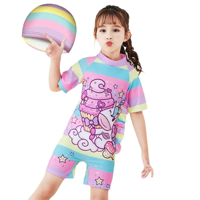 Fancydresswale Little Girls Swimsuit and Matching Cap -Unicorn cake Fancydresswale