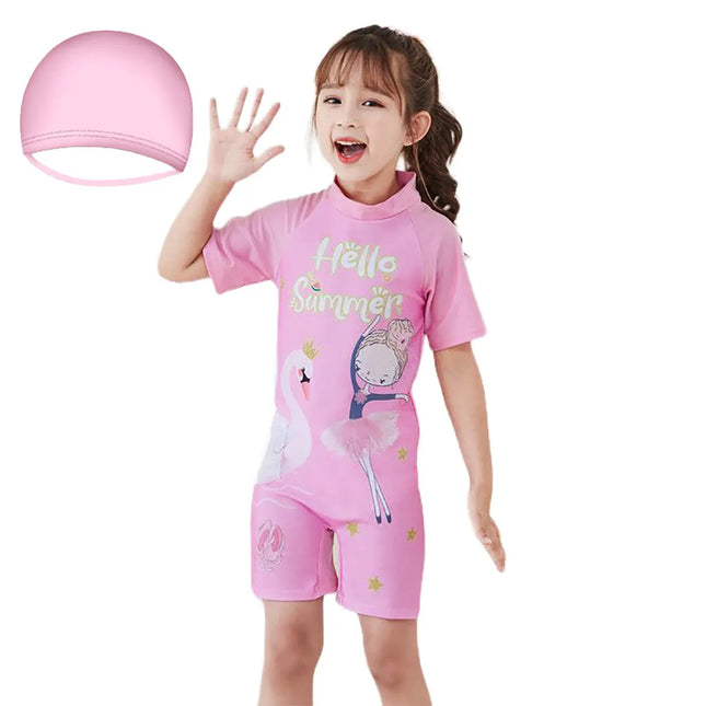 Fancydresswale Little Girls Swimwear with Matching Cap -Princess -Hello Summer Fancydresswale
