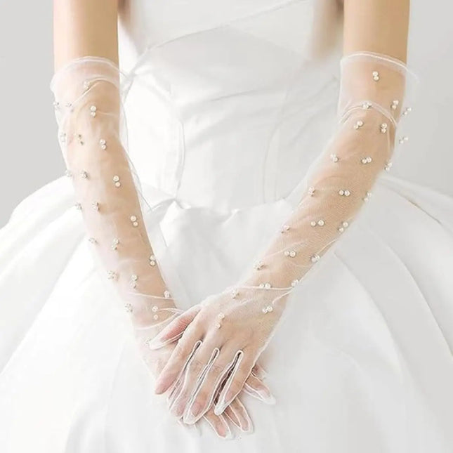 Fancydresswale Long Sheer Mesh Gloves with Pearl Embellishments – Elegant Transparent Party Gloves for Girls & Women fancydresswale.com