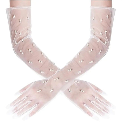 Fancydresswale Long Sheer Mesh Gloves with Pearl Embellishments – Elegant Transparent Party Gloves for Girls & Women fancydresswale.com