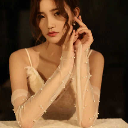 Fancydresswale Long Sheer Mesh Gloves with Pearl Embellishments – Elegant Transparent Party Gloves for Girls & Women fancydresswale.com