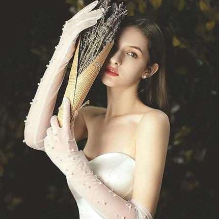 Fancydresswale Long Sheer Mesh Gloves with Pearl Embellishments – Elegant Transparent Party Gloves for Girls & Women fancydresswale.com