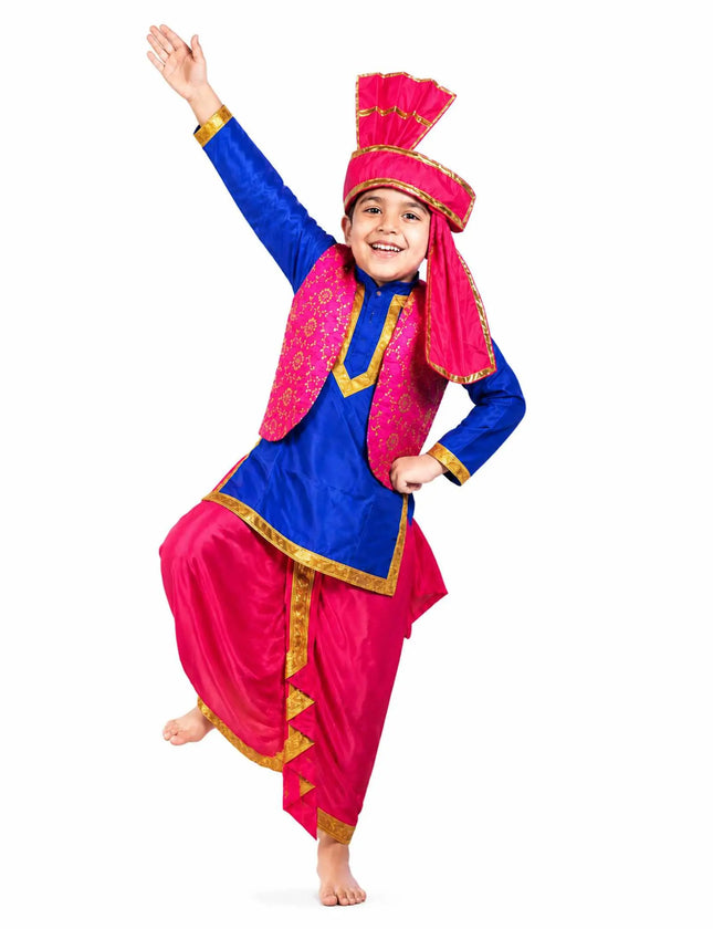 Fancydresswale Punjabi Bhangra Dress for Kids – Blue & Pink Traditional Punjabi Costume with Turban for Boys fancydresswale.com