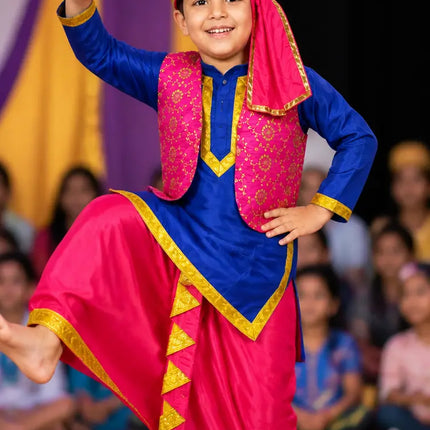 Fancydresswale Punjabi Bhangra Dress for Kids – Blue & Pink Traditional Punjabi Costume with Turban for Boys fancydresswale.com