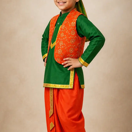 Fancydresswale Punjabi Boy Bhangra Dress – Kurta Dhoti Waistcoat Set with Pagdi for Bhangra, Lohri, School Function & Fancy Dress fancydresswale.com