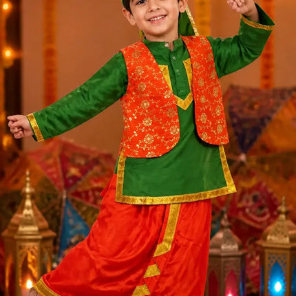 Fancydresswale Punjabi Boy Bhangra Dress – Kurta Dhoti Waistcoat Set with Pagdi for Bhangra, Lohri, School Function & Fancy Dress fancydresswale.com