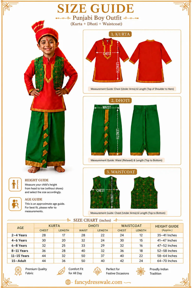 Fancydresswale Punjabi Boy Bhangra Dress – Kurta Dhoti Waistcoat Set with Pagdi for Bhangra, Lohri, School Function & Fancy Dress fancydresswale.com