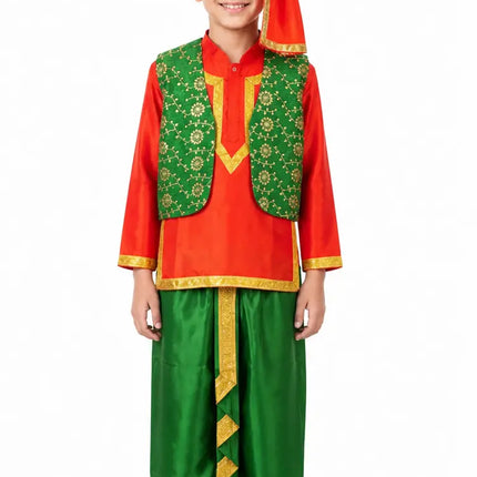 Fancydresswale Punjabi Boy Costume for Kids – Red Kurta with Green Dhoti, Waistcoat & Pagri fancydresswale.com