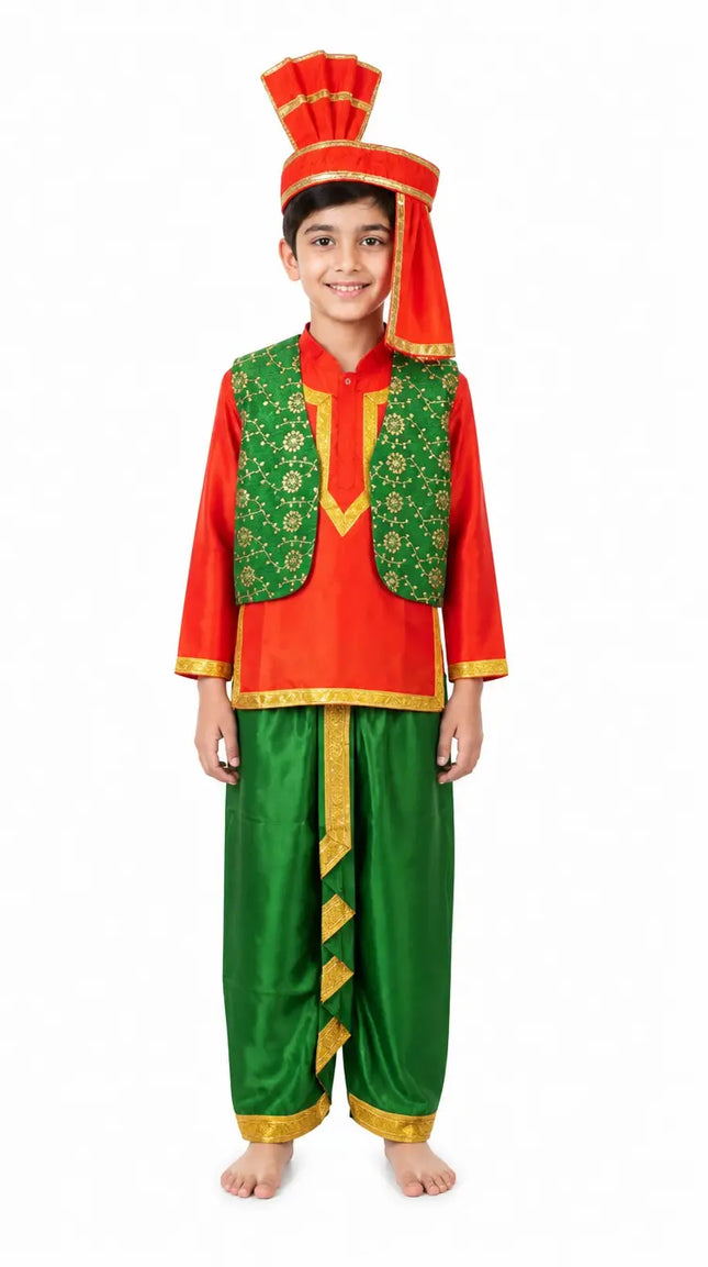 Fancydresswale Punjabi Boy Costume for Kids – Red Kurta with Green Dhoti, Waistcoat & Pagri fancydresswale.com